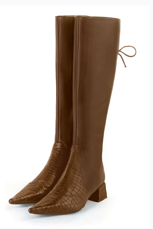 Caramel brown women's knee-high boots, with laces at the back. Pointed toe. Low flare heels. Made to measure. Front view - Florence KOOIJMAN